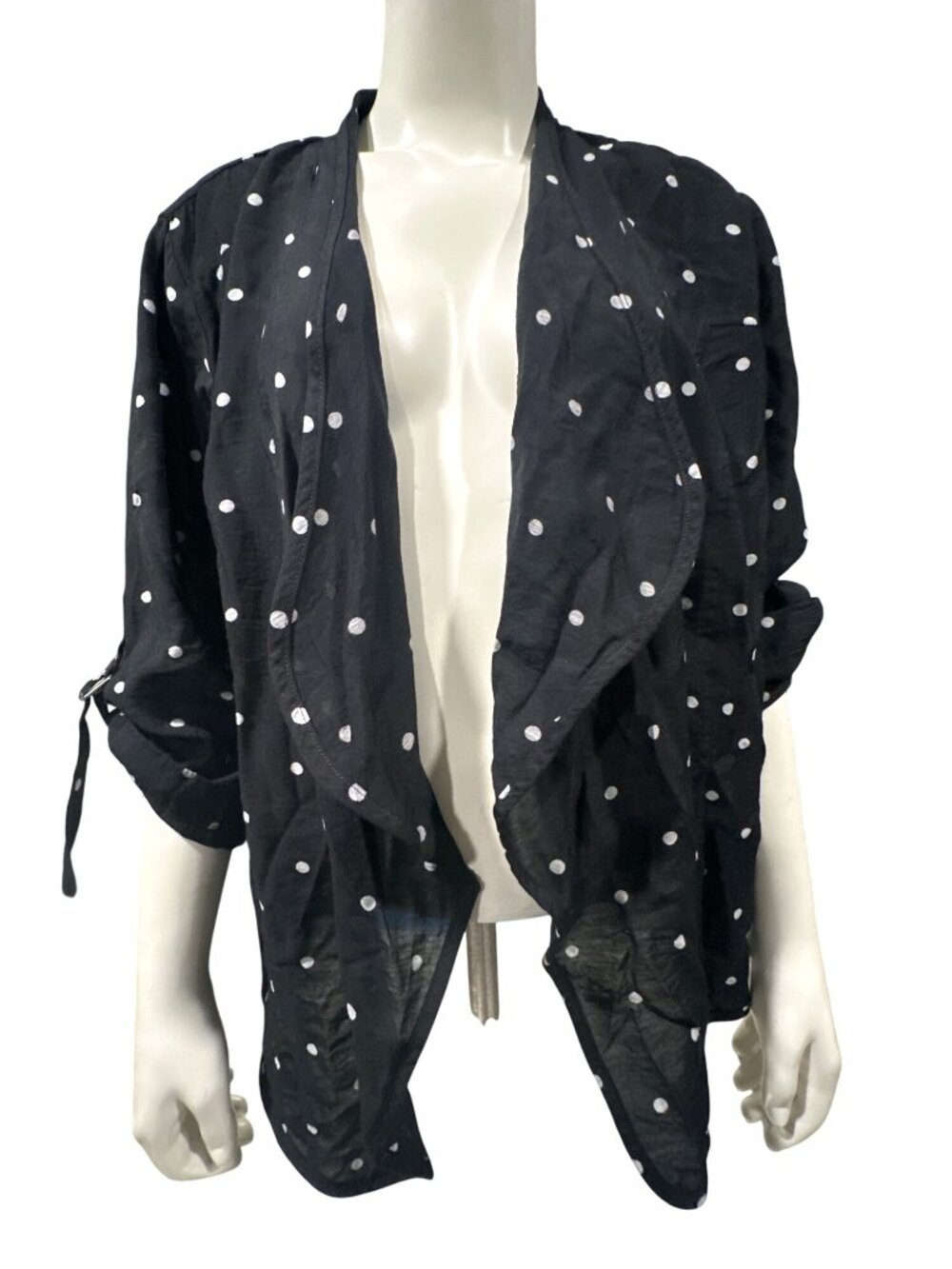 Chicos Size 2 Black Polka Dot Open Front Cardigan Relaxed Fit Casual Boho Style